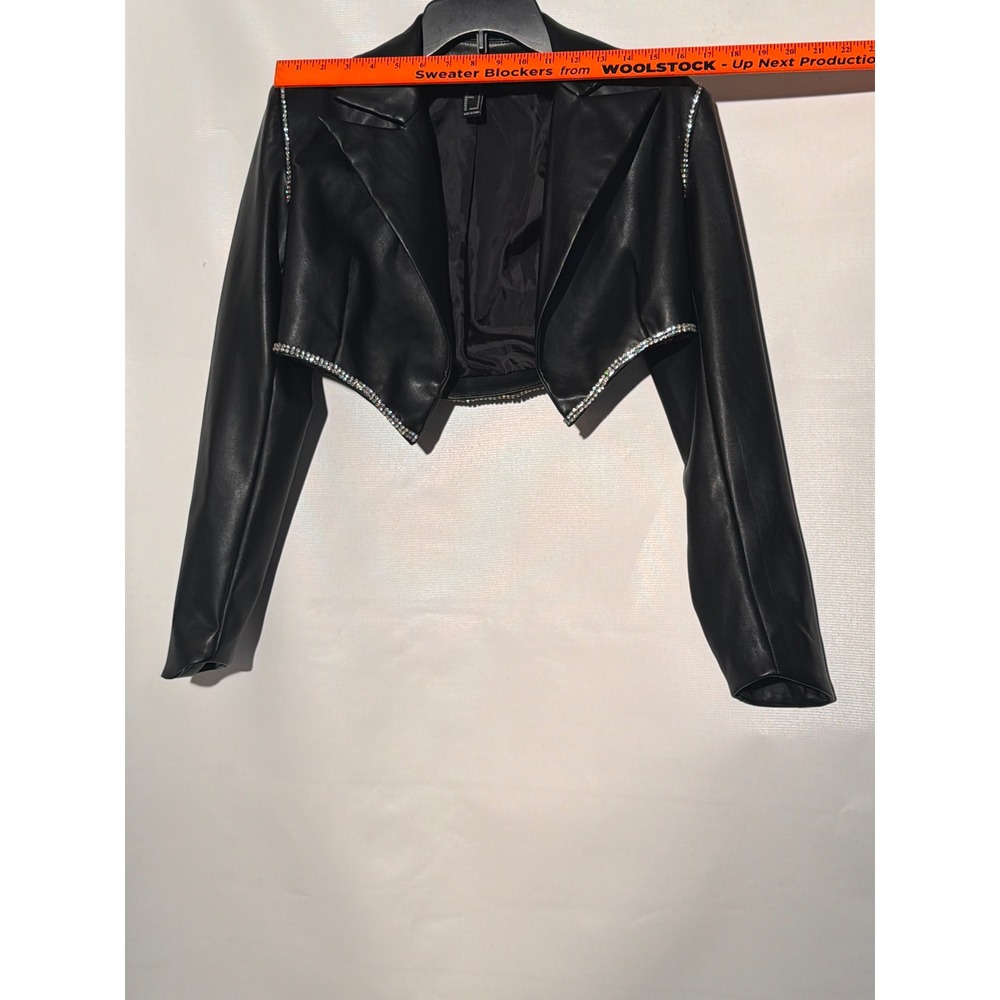 Forever 21 Faux Leather Cropped Jacket S Black Rhinestone Trim Open Front - Picture 3 of 5